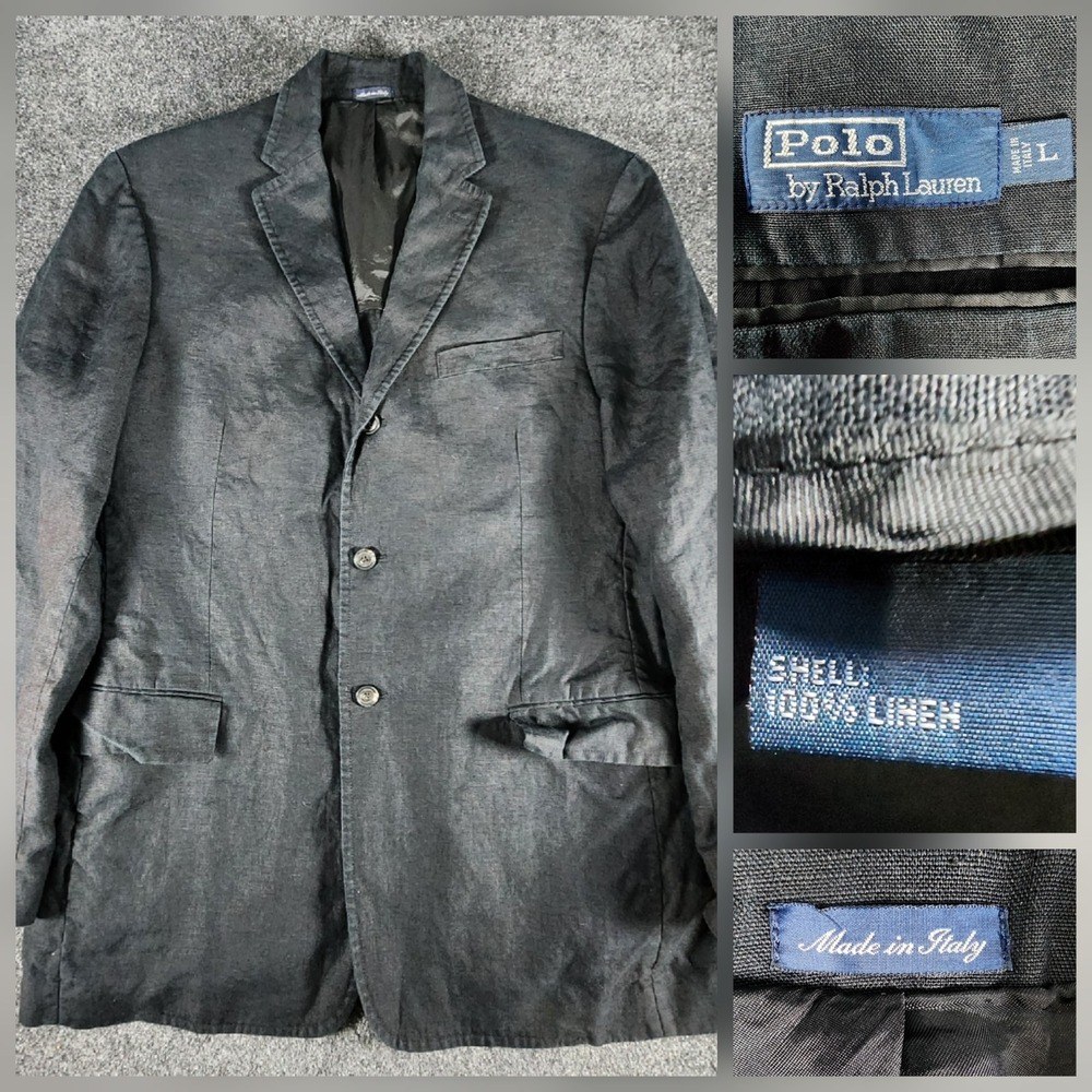 VTG Polo Ralph Lauren 100% Linen Blazer Jacket Made in Italy Size Large Black